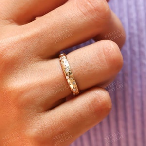 Vintage Starburst Wedding Band For Her, 14k Gold Diamond Band Gift, His - Her Wedding Ring, Alternative Wedding Band, Celestial Wedding Ring