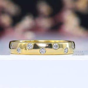 Scattered Diamond Wedding Band 14k Solid Gold Minimalist Eternity Ring Womens Classic Band with Bezel Real Lab Diamond Handmade Unique Ring