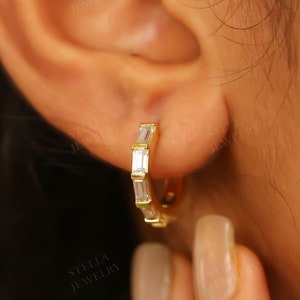Diamond Huggie Hoop Earrings Moissanite Diamond Cartilage Hoop Helix Hoop Earrings Tiny Hoops Minimalist Earrings Baguette Stud Earrings