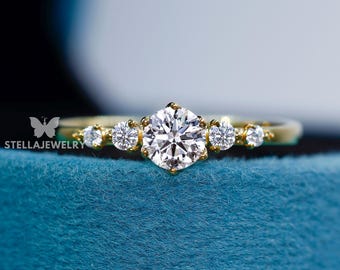 Zierlicher runder Moissanit Versprechensring, Diamant in Krallenspitze gefasst, Diamant-Verlobungsring für Frauen, Versprechensring in Gelb, Weiß, Roségold