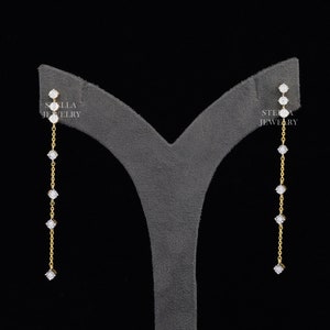 Round Moissanite Earrings Drop Chain Earrings Dangle Drop 14K Solid Gold Earrings Minimalist Dangling Earrings Screw Back Womens Earrings