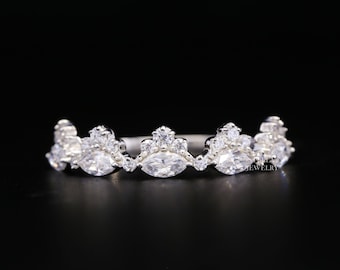 Half Eternity Band Marquise and Round Moissanite Band 14K Solid White Gold Wedding Band Vintage Stacking Ring Art Deco Bridal Matching Band