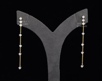 Round Moissanite Earrings Drop Chain Earrings Dangle Drop 14K Solid Gold Earrings Minimalist Dangling Earrings Screw Back Womens Earrings