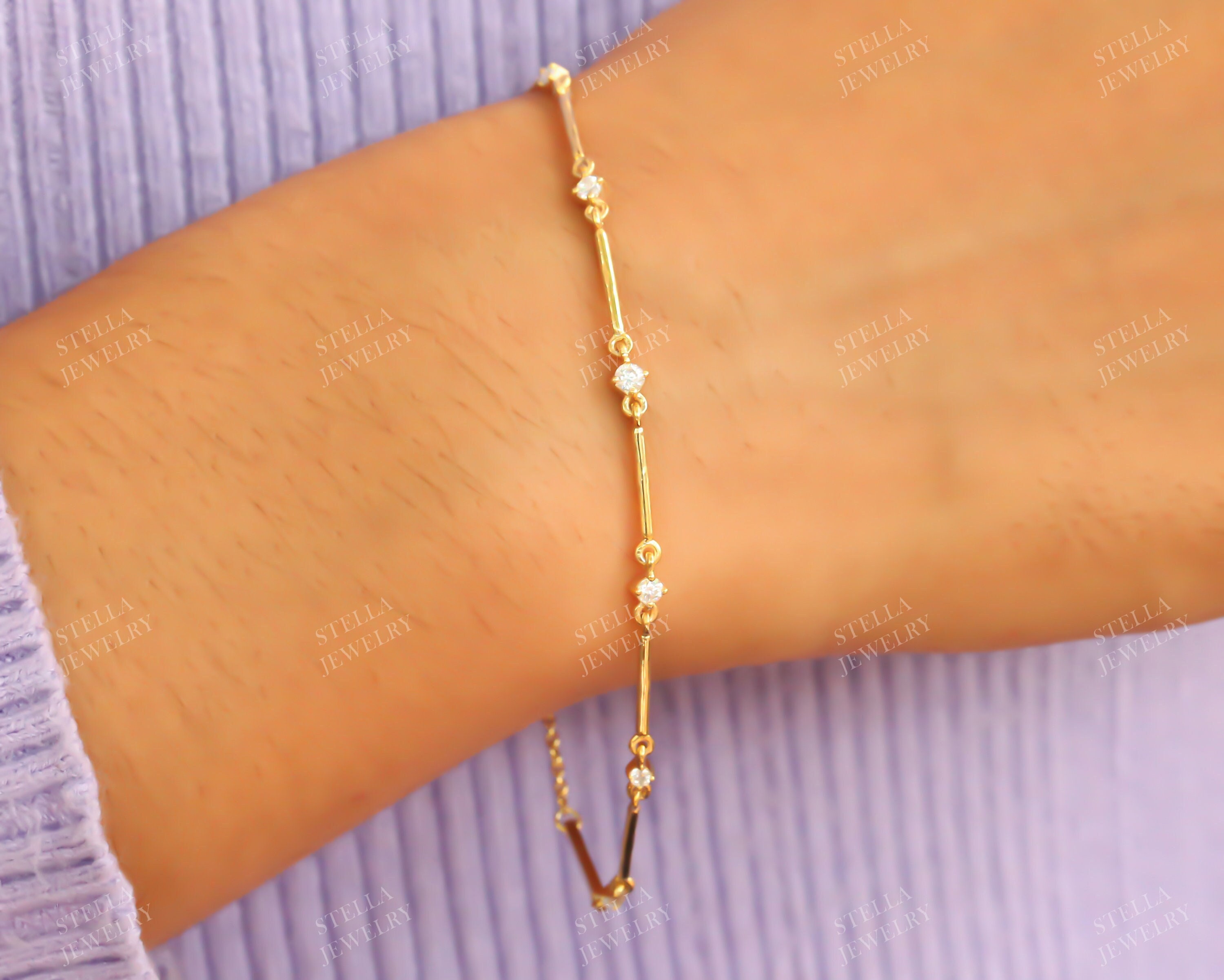 Round Moissanite Bracelet 14K Gold Minimalist Bracelet Womens Delicate Bracelet Bar Layering Bracelet Pave Diamond Bar Tennis Bracelet