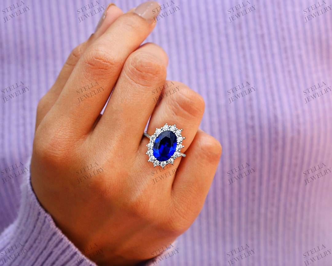 Princess Diana Ring Blue Sapphire Engagement Ring Halo Wedding Etsy
