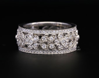 Aliança de casamento antiga com filigrana / Aliança de casamento vintage com flor larga / Aliança de casamento art déco com moissanita / Anéis de eternidade em ouro maciço 14K