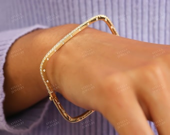 Moissanite Bangle Bracelet Square Bangle For Women Diamond Bangle For Her Dainty Luxury Minimalist Bangle Bracelet For Anniversary Gift