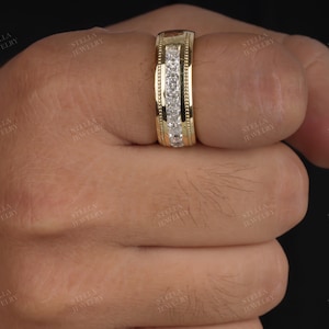 Princess Cut Moissanite Wedding Band / Solitaire Unusual Mens Wide Band /  Mens Moissanite Engagement Ring Gift / Wide Diamond Band