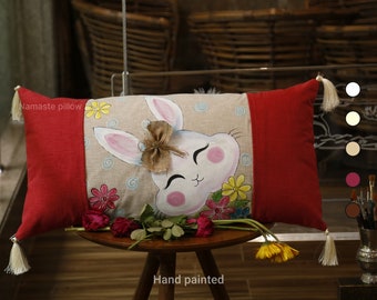 Hand-painted Pillow Cover gift pillow decorative cushion cover Organic Cotton Lumbar White Bunny Rabbit with red Bow