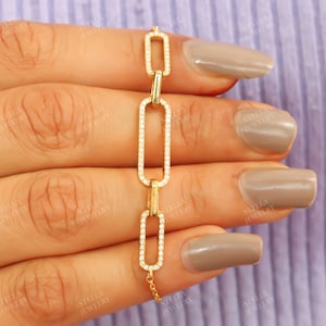 14K Gold Pave Set Moissanite Bracelet Paperclip Chain Bracelet for Women Pave Diamond Linked Together Bracelet Layering Minimalist Bracelet