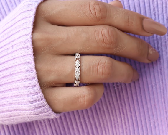 Vintage Wedding Band Half Eternity Band Round Moissanite Band Art Deco Wedding Band 14K Solid Gold Stacking Ring  Minimalist Delicate Ring