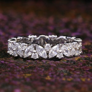 4MM Full Eternity band / Marquise & Round Cut Diamond Band / Marquise Moissanite Wedding Band / Art Deco Womens Band/ Vintage Stacking Ring