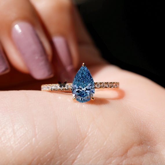 Fancy Blue Lab Grown Diamond Ring Pear Cut Engagement Ring Side