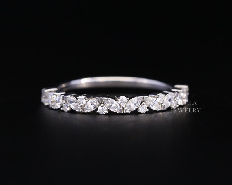 Half Eternity Band Marquise Wedding Band 10K Solid Gold Dainty Stacking ...
