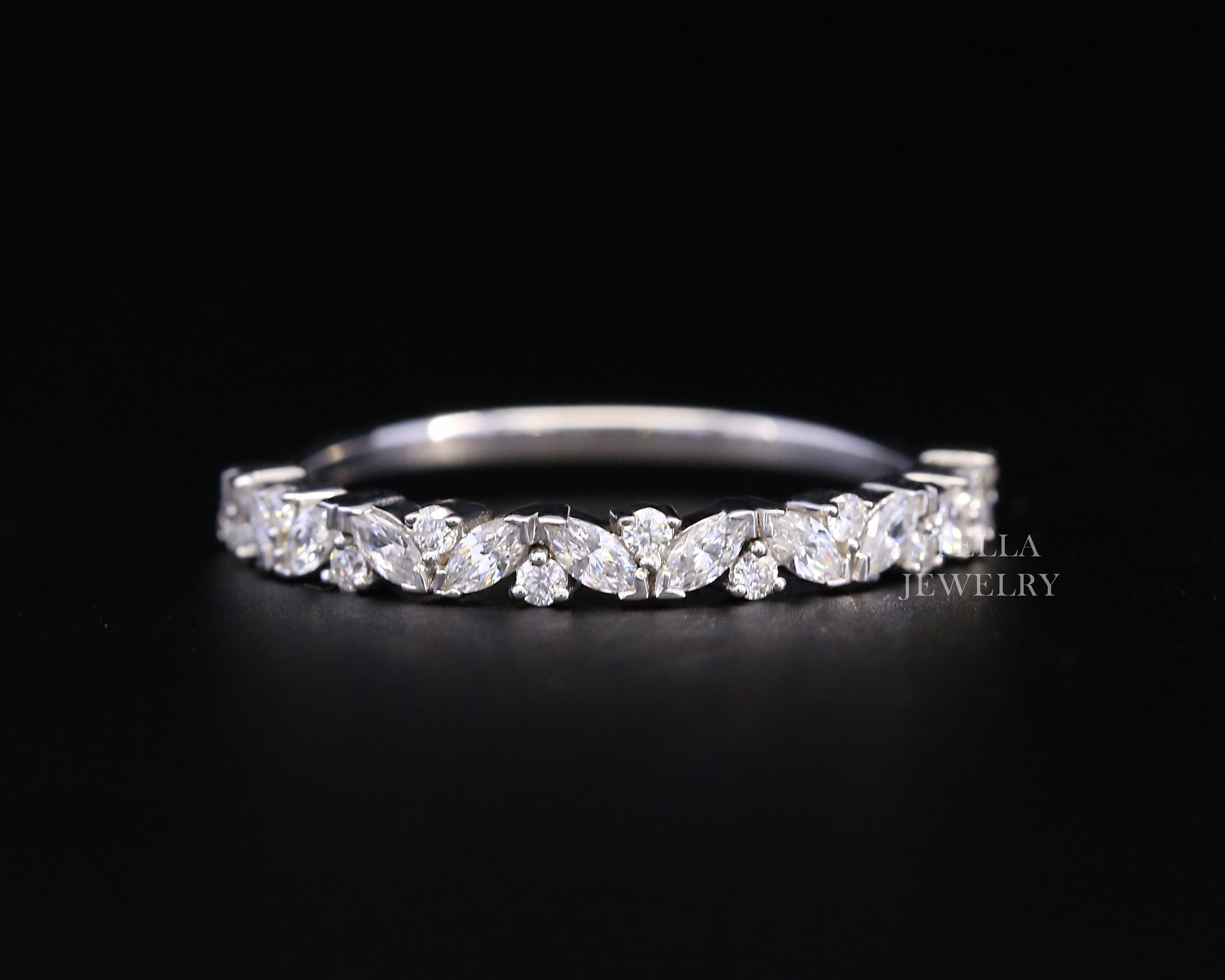 Half Eternity Band Marquise Wedding Band 10K Solid Gold Dainty Stacking ...