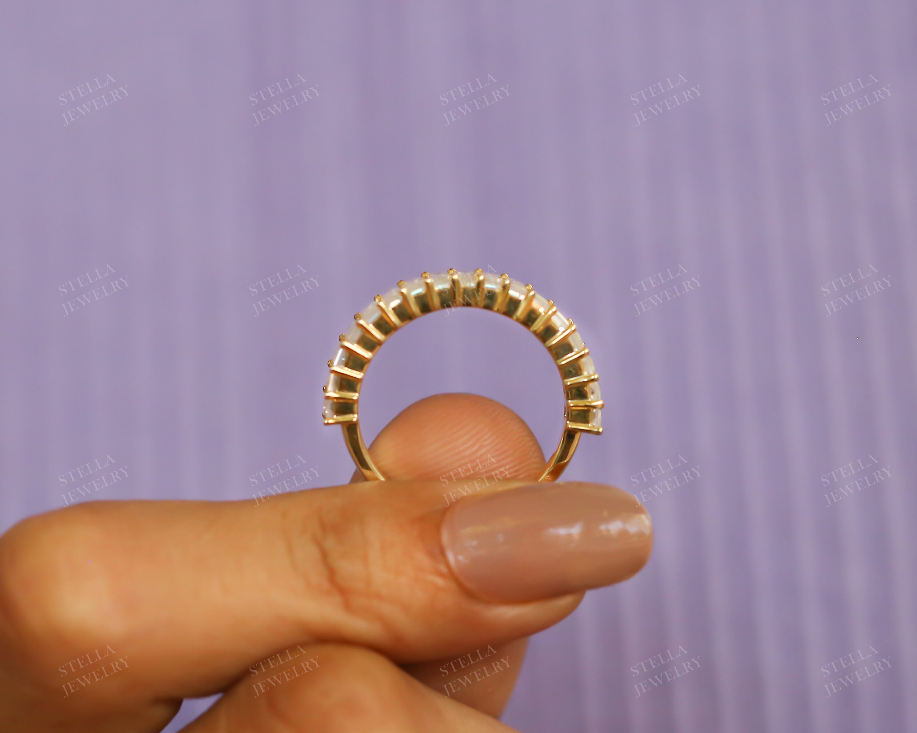 Half Eternity Moissanite Diamond Baguette Wedding Ring / 14K Solid Gold ...