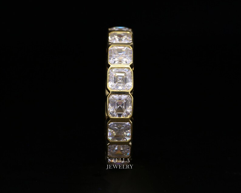 Asscher Cut Bezel Set Moissanite Wedding Band / 14K Solid Gold Full ...