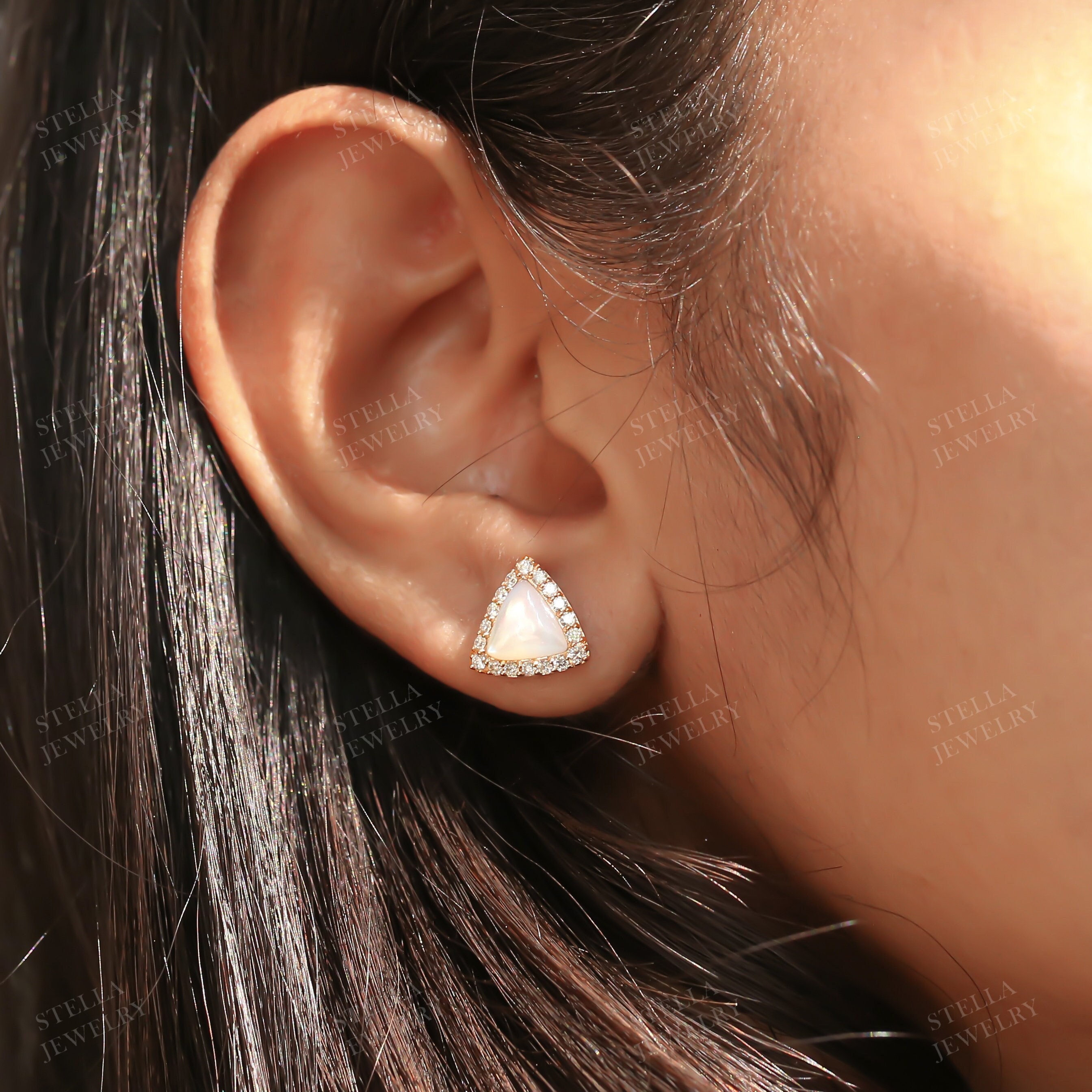 Mother of Pearl Earrings Triangle Earrings 14K Solid Gold Moissanite Earrings Pearl Stud Earrings Diamond Studs Womens Wedding Earrings
