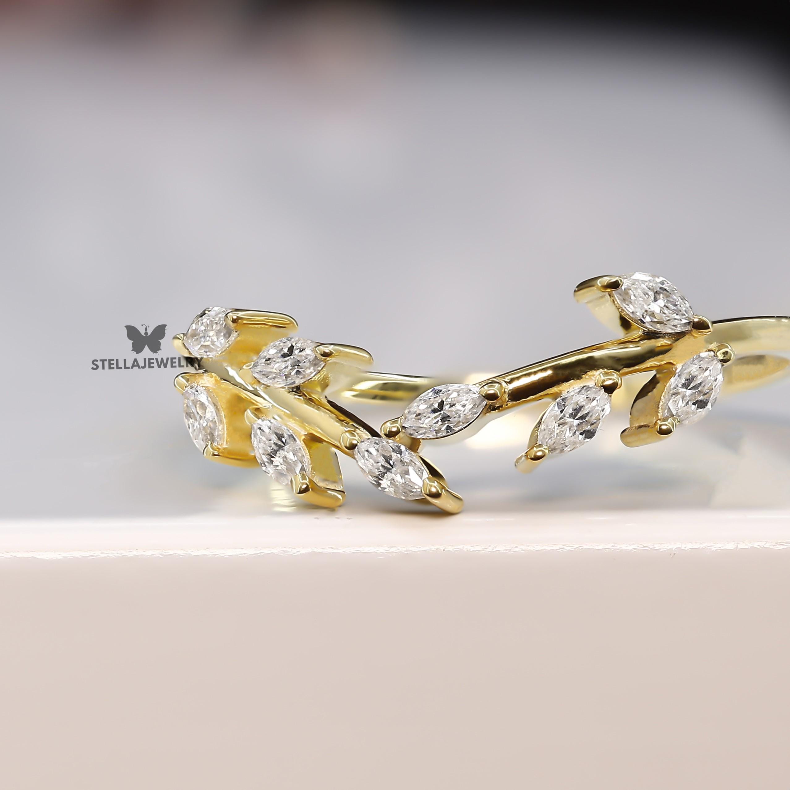 Marquise Cut Moissanite Curved Wedding Band Vintage Yellow Gold Wedding ...