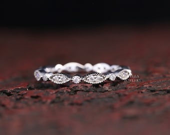 Marquise and Dot Bezel Set Stacking Ring / Full Eternity Band / 14K Solid Gold Milgrain Band / Art Deco Vintage Moissanite Wedding Band