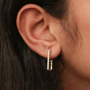 Dainty Pave CZ Hoop Earrings With Push Button Lock Simple Huggie Hoop Earring Everyday Earring Moissanite Earrings Diamond Hoop Gift Earring