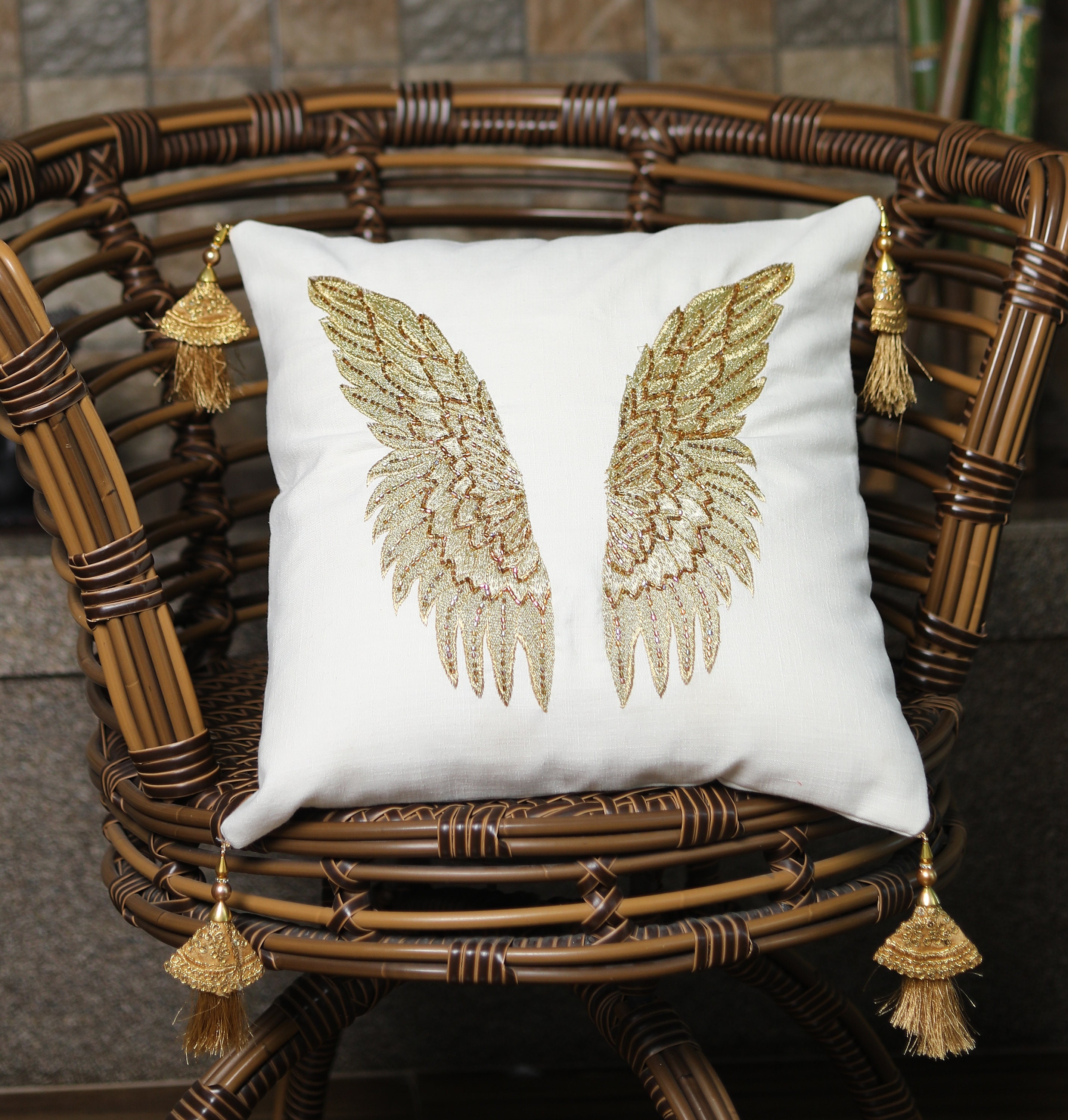 Angel wing cushion cover decorative Throw Pillow gold hand Etsy