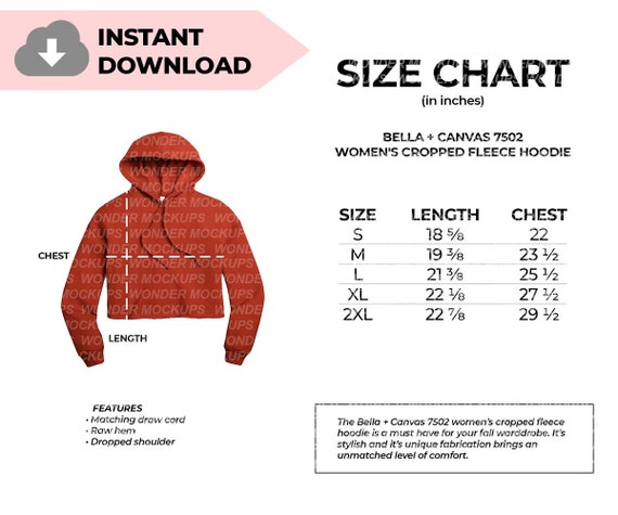 Bella Canvas 7502 Women's Cropped Hoodie Size Chart, for Printify, for  Printful, Bella Canvas Mockups, 7502 Size Chart Mockup, Hoodie Mockup -   Canada