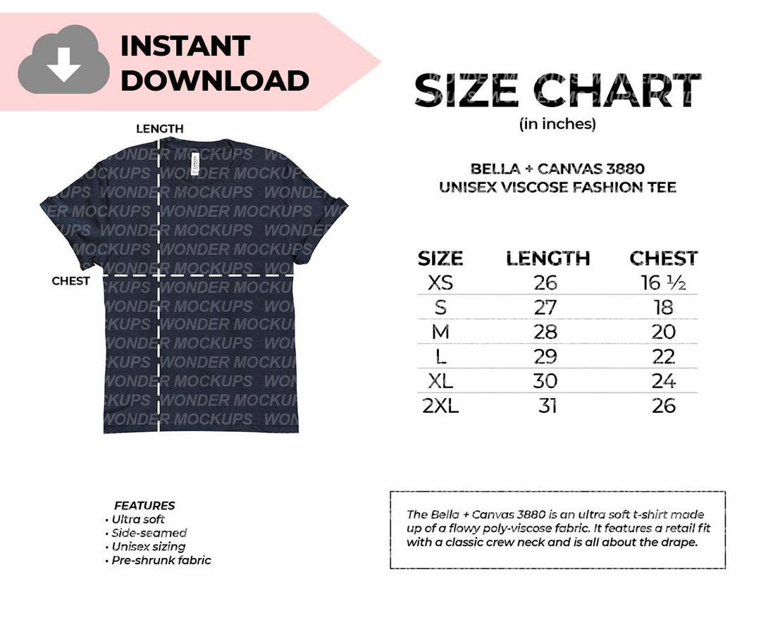 Bella Canvas 3880 Unisex Viscose T Shirt Size Chart, Bella Canvas Size 