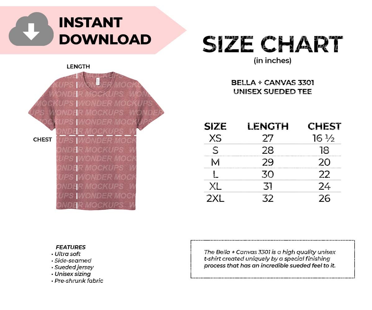 Bella Canvas 3301 Unisex Sueded T Shirt Size Chart Bella Etsy UK