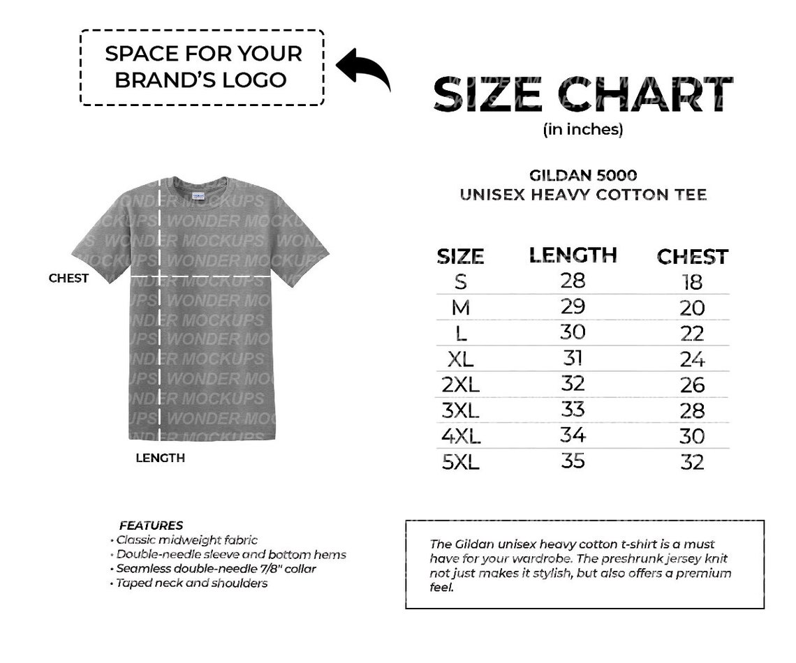 Gildan 5000 Unisex Heavy Cotton T Shirt Size Chart for - Etsy