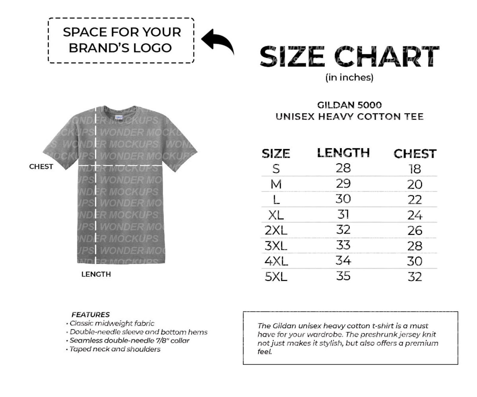 Gildan 5000 Unisex Heavy Cotton T Shirt Size Chart for - Etsy