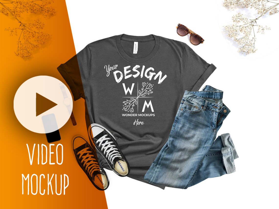 Download Bella Canvas 3001 Asphalt Video Mockup Flat lay Video ...