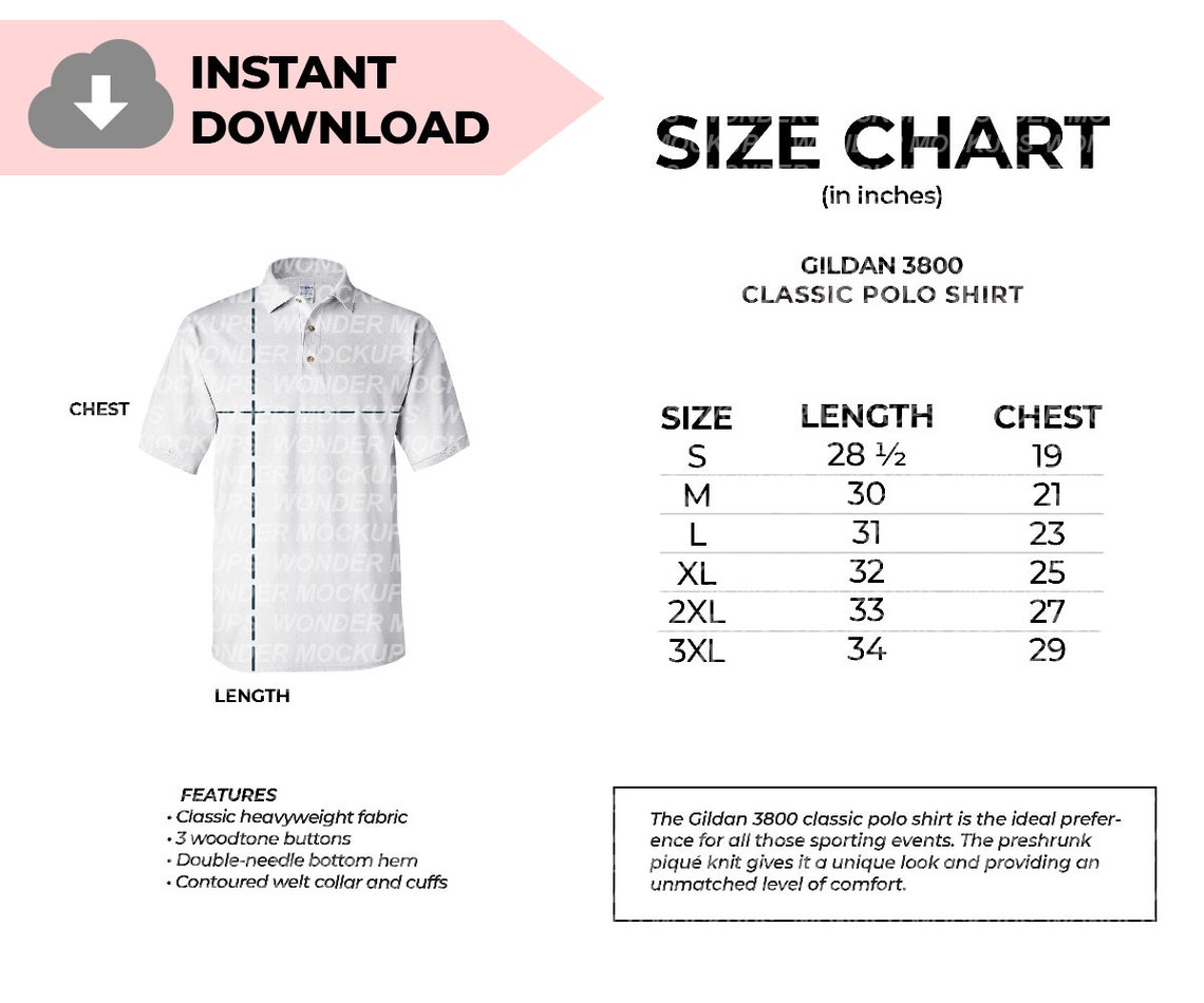 Gildan 3800 Classic Polo T Shirt Size Chart for Printify for - Etsy