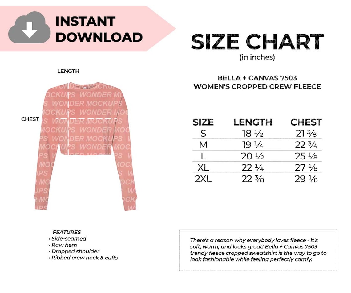 Bella Canvas 7503 Women's Cropped Sweatshirt Size Chart | Etsy