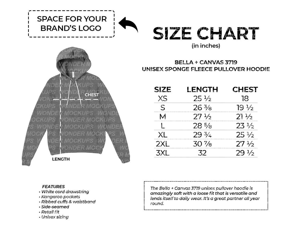 Bella Canvas 3719 Unisex Pullover Hoodie Size Chart for - Etsy
