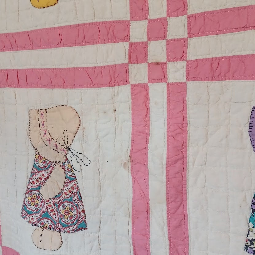 Vintage Sue Quilt Hand Stitched & Embroidered Feedsack