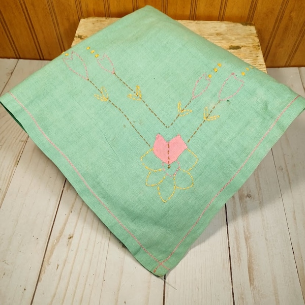 Vintage Green Tablecloth, Pink Stitching Near the Edge, Pink & Yellow Stitched Design, Approximately 30 In Square, Shabby Cottage Chic