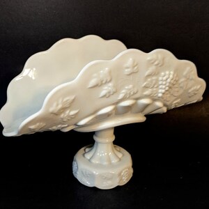 Westmoreland White Milk Glass Paneled Grape Banana Stand, Fruit Bowl, Centerpiece, Floral Arrangements, Large Vintage 1950s