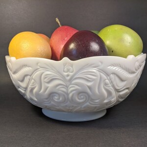 McKee Rock Crystal Milk Glass Bowl, White Footed Scalloped Edge, Floral Design, Vintage Fruit, Salad or Centerpiece Bowl, 9.5 Inches,