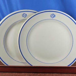 Tepco US Navy Warrant Officer Mess Hall China Ironstone Salad Plates, 2 Vintage USN Monogramed Restaurant China Plates w/ Blue Bands, 1940s