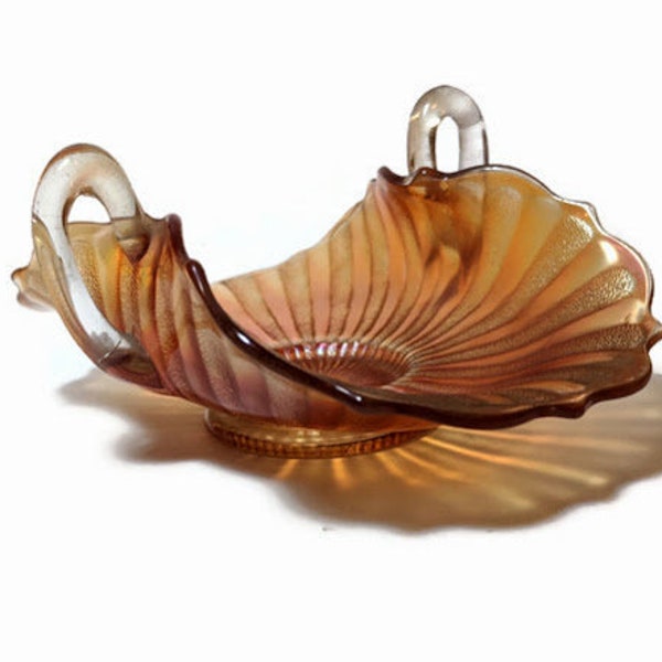 Fenton Stipled Ray Marigold Carnival Glass Bonbon Dish, Double Handled Iridescent Antique Glassware, Candy Dish, Antique, 1908