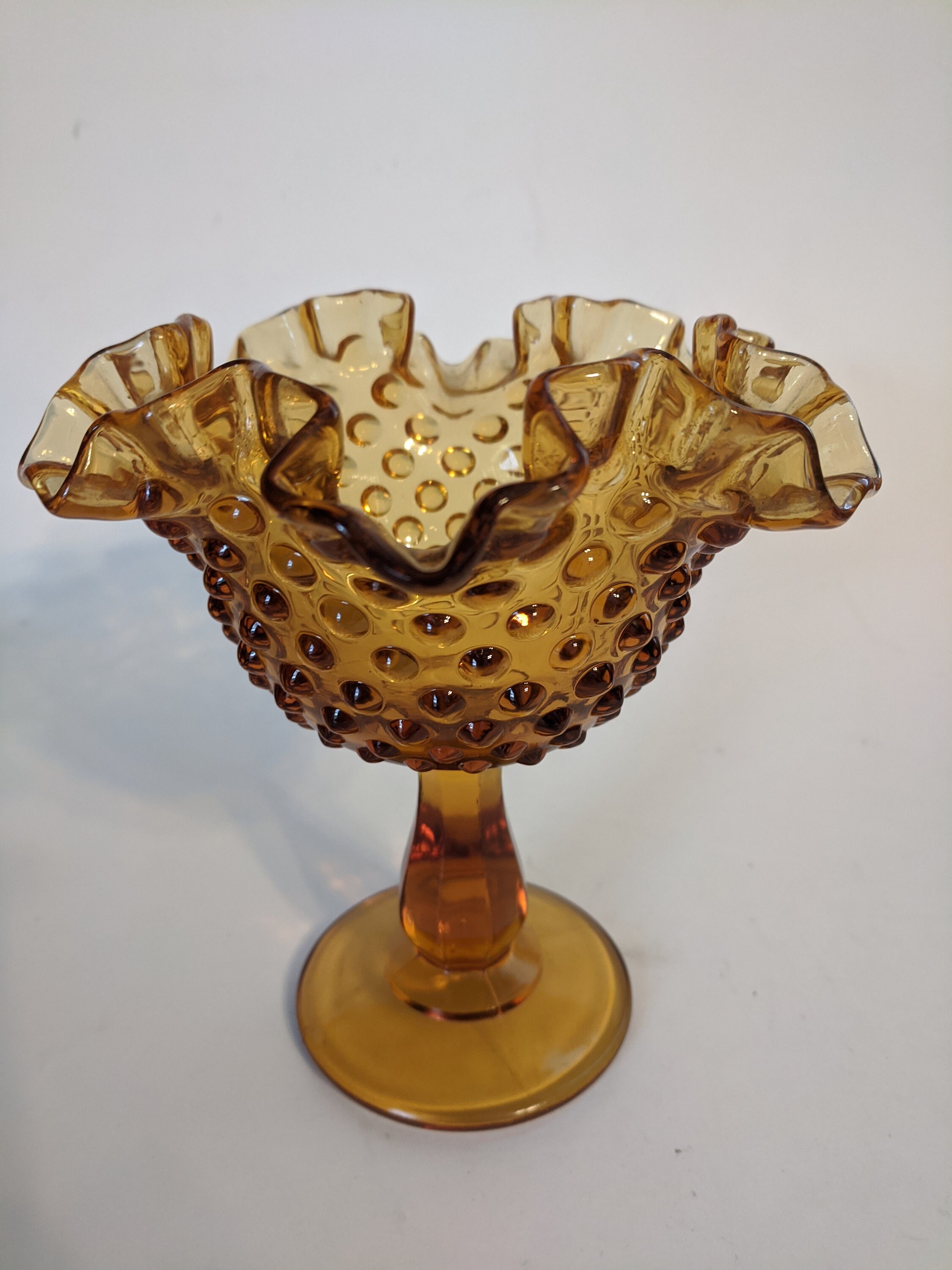 Fenton Glass Amber Hobnail Compote Ruffled Edge Double Crimped Etsy