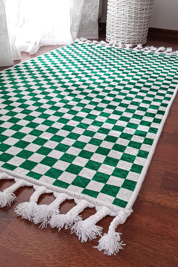 GREEN CHECKERED RUG Green and White Checkered Area Rug Etsy