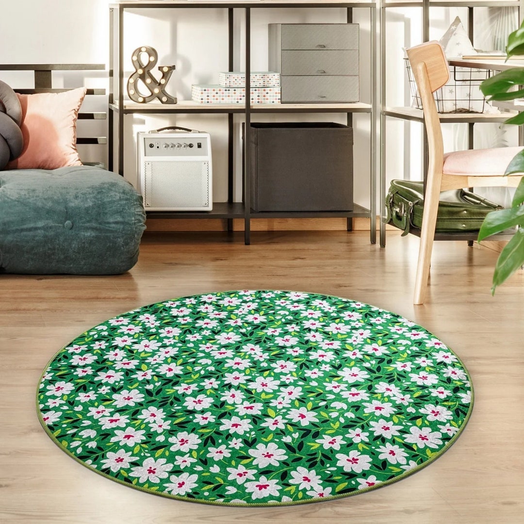 FLOWER GARDEN RUG Circle Flower Rug Flower Bedroom Rug Green Etsy