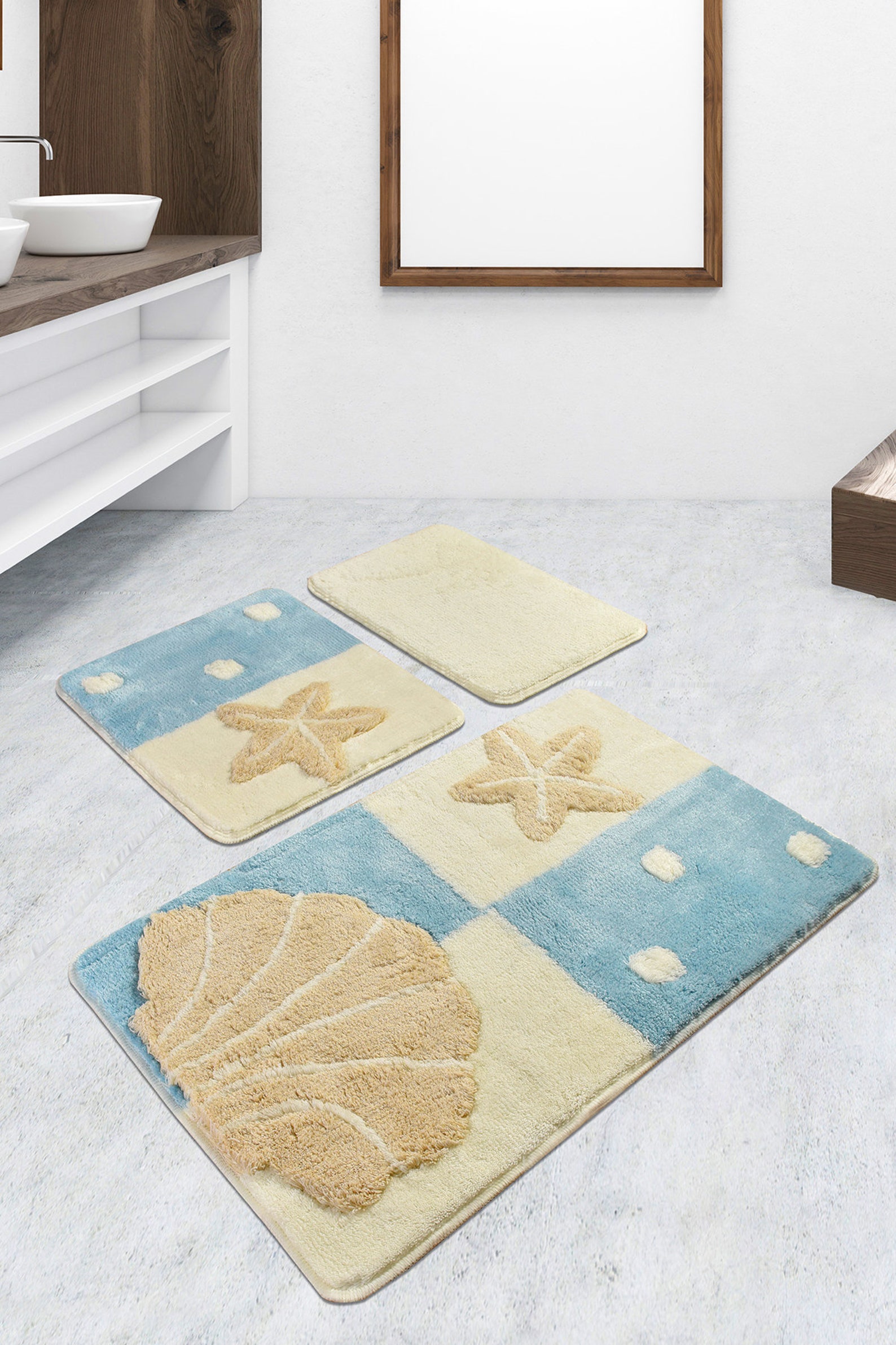 FLUFFY SEASHELL RUG Set of 3 Fluffy Bathroom Rug Set 3 Etsy