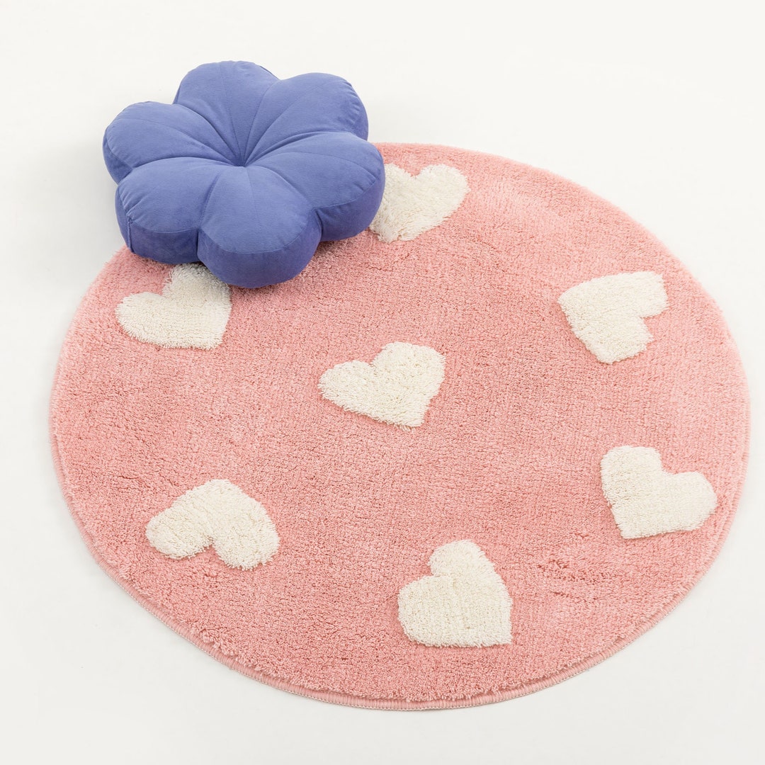 Fluffy Pink Heart Rug Cute Heart Engraved Circle Accent Rug Etsy