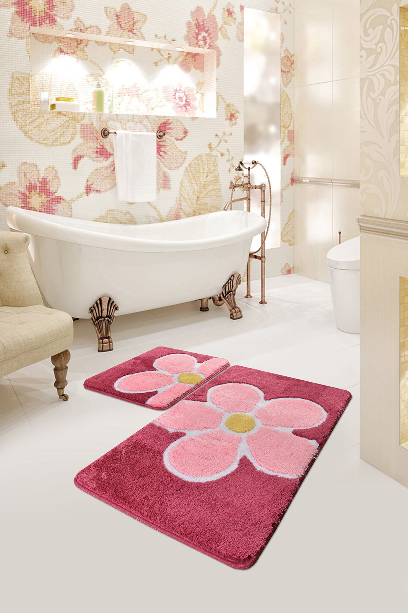 FLUFFY FLOWER BATHROOM Rug Set of 2 Ships within 24 hr Pink Etsy