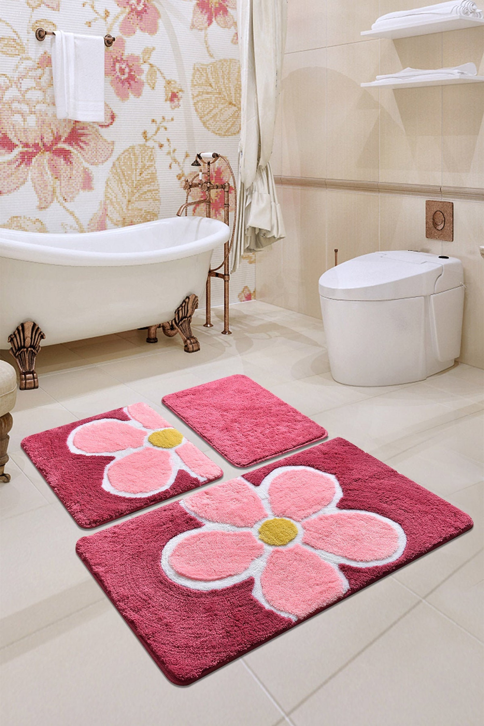 FLUFFY FLOWER BATHROOM Rug Set of 3 Pink and Purple Color Etsy