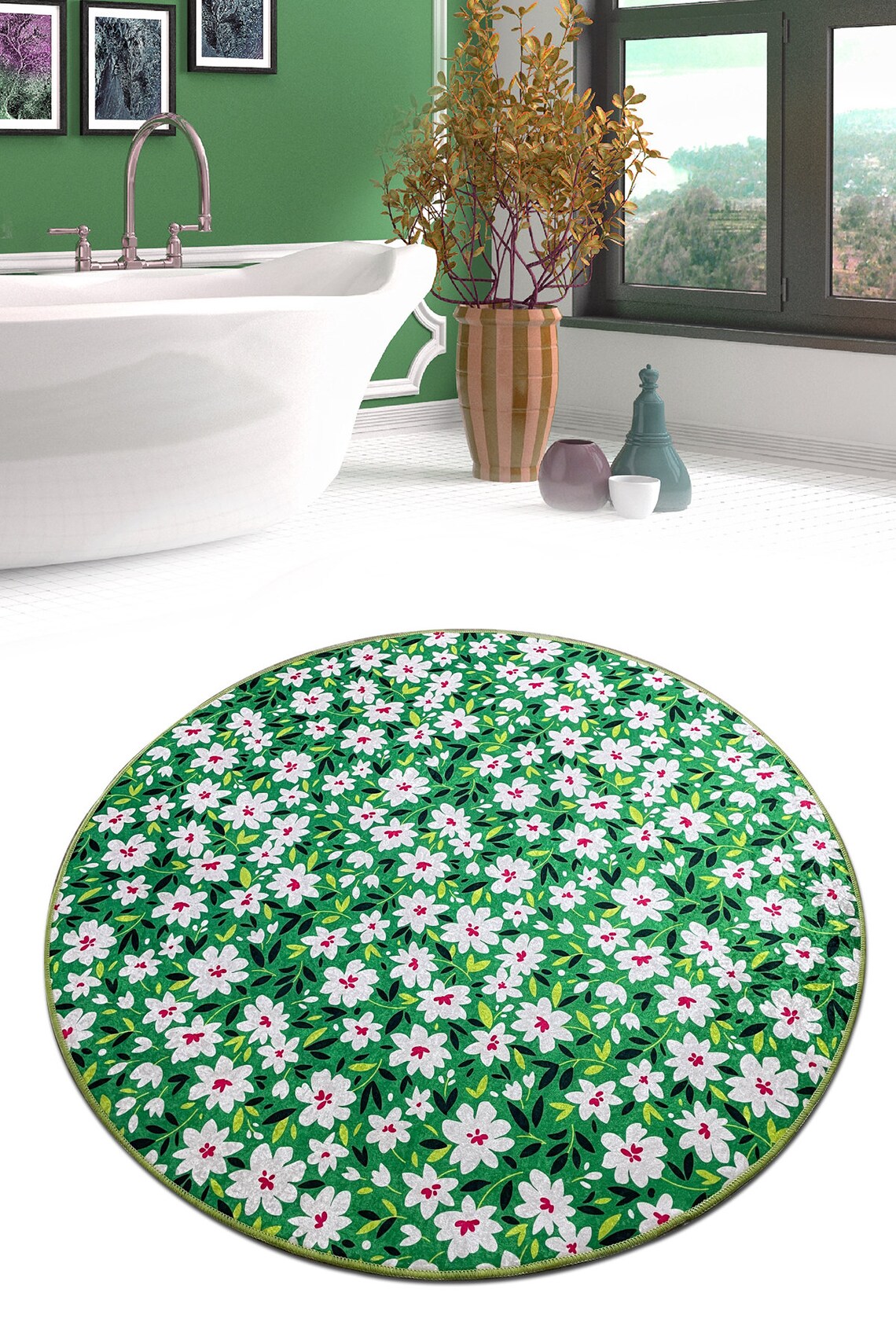 FLOWER GARDEN RUG Circle Flower Rug Flower Bedroom Rug Green Etsy