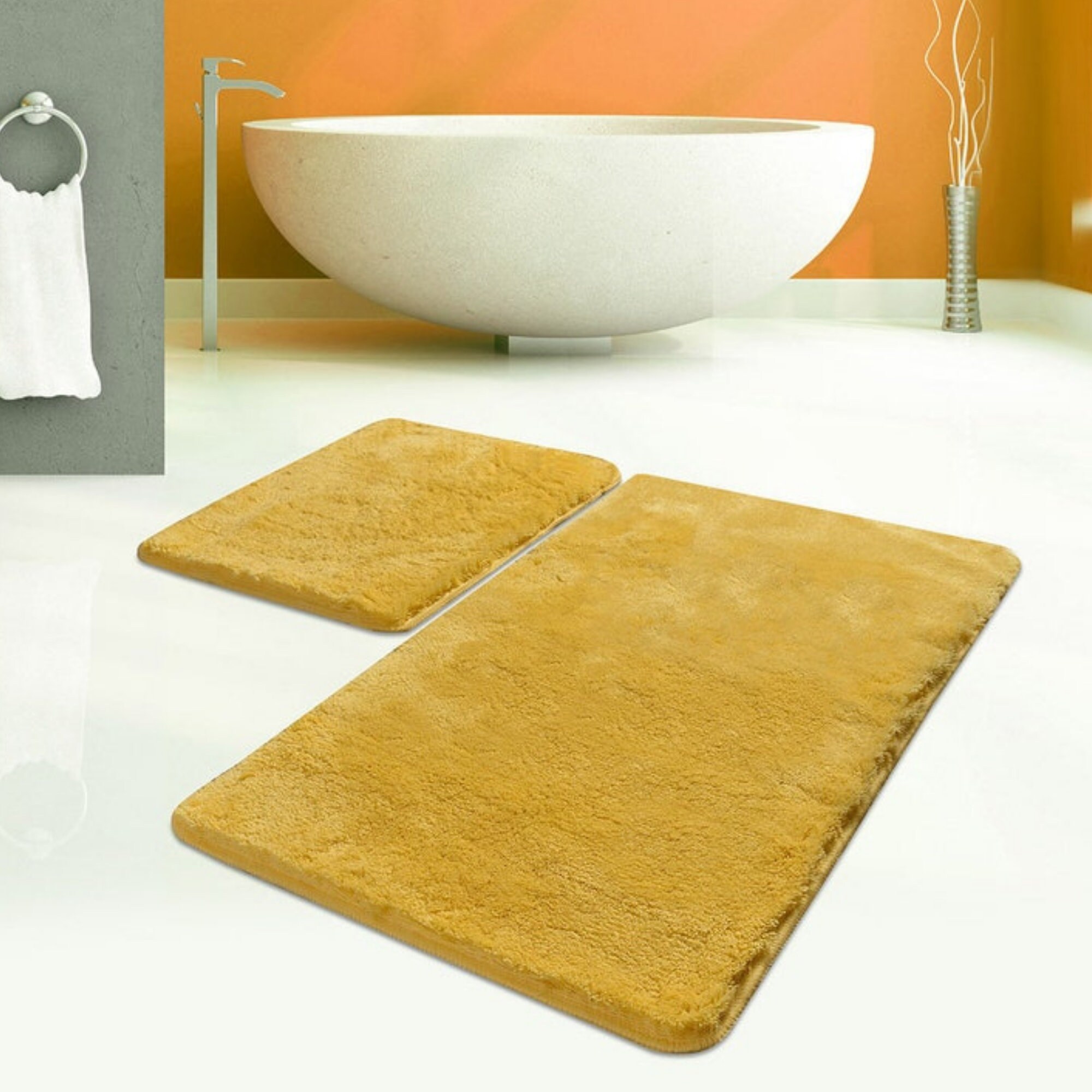 YELLOW FLUFFY BATHROOM Rug Set of 2, Ultra Soft and Quality